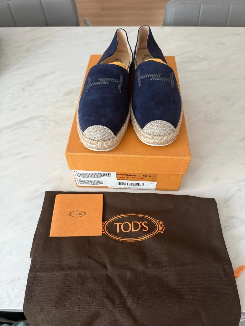 TOD'S Navy Suede leather Espadrille Slip-Ons with logo embroidered Sz 39.5